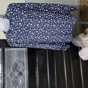 #68 les Amis Floral Navy Blouse Pleated Neck Rouched Sleeve Woman Size M, L